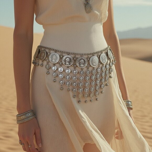 Women Silver Metal Chain Coin Charms Dangle Costume Belt for Belly Dance (S/M/L) - Picture 6 of 17